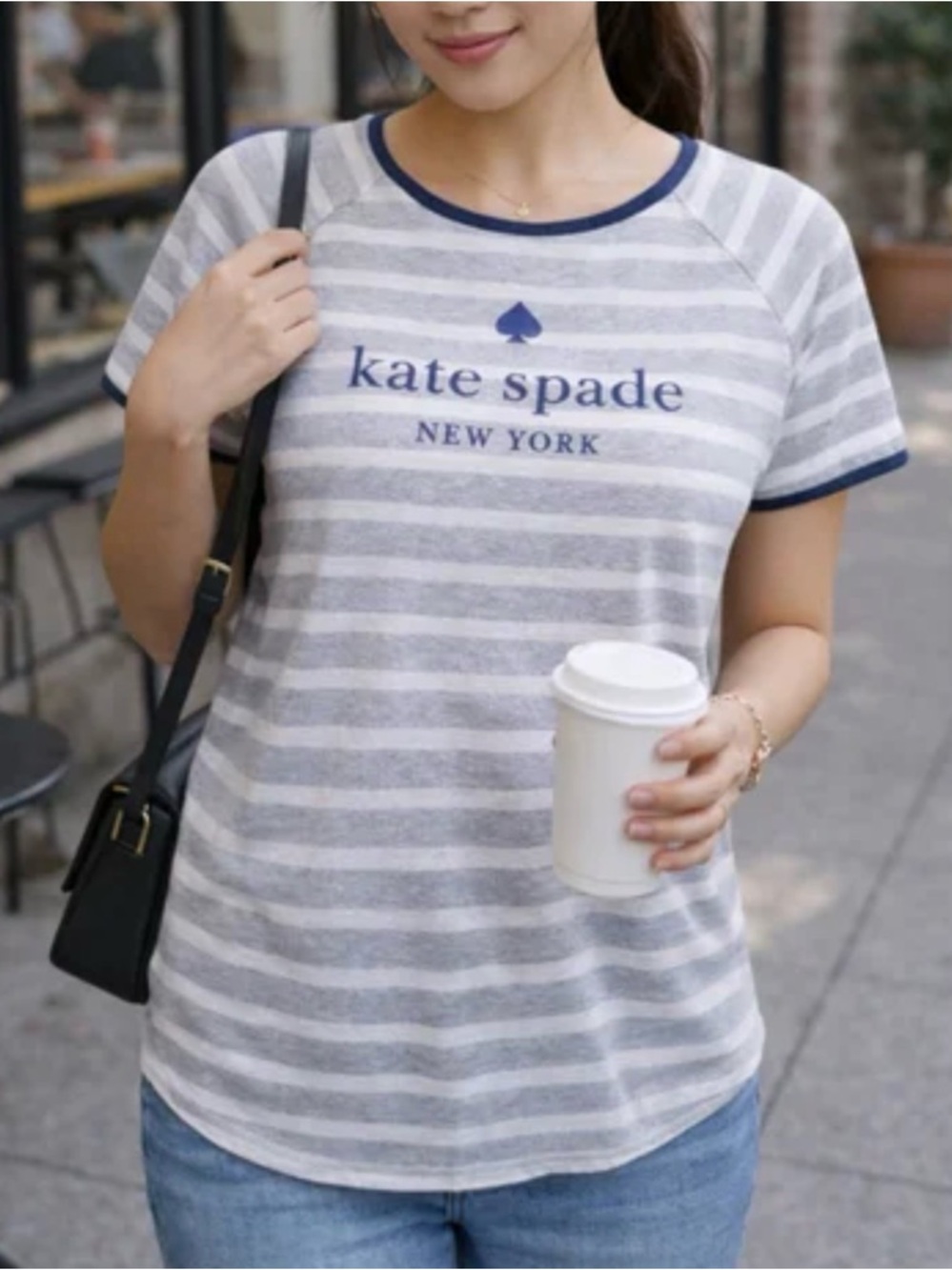 Kate Spade New York Striped Raglan Tee Gray Navy Blue Spade Logo Small